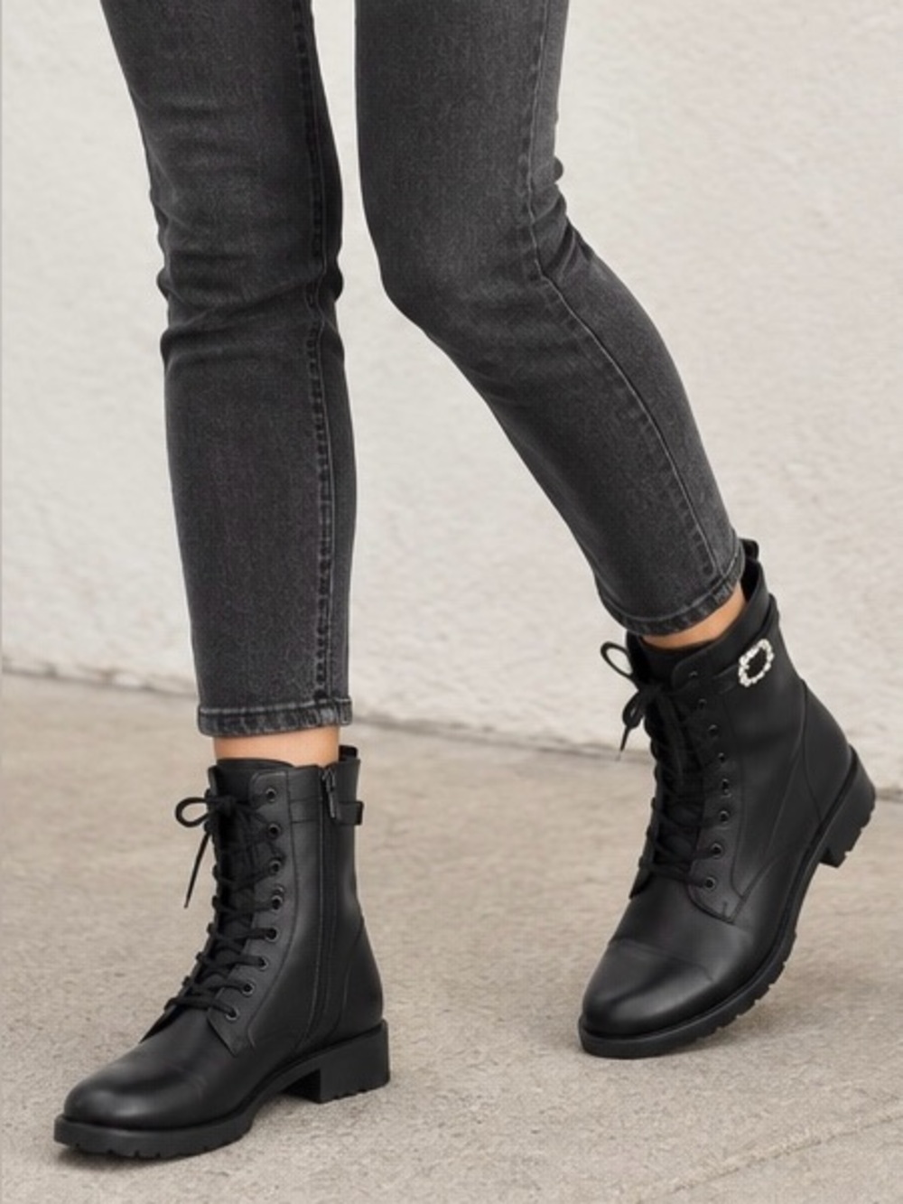 Stuart Weitzman Women's Black Dazzle Leather Combat Boots